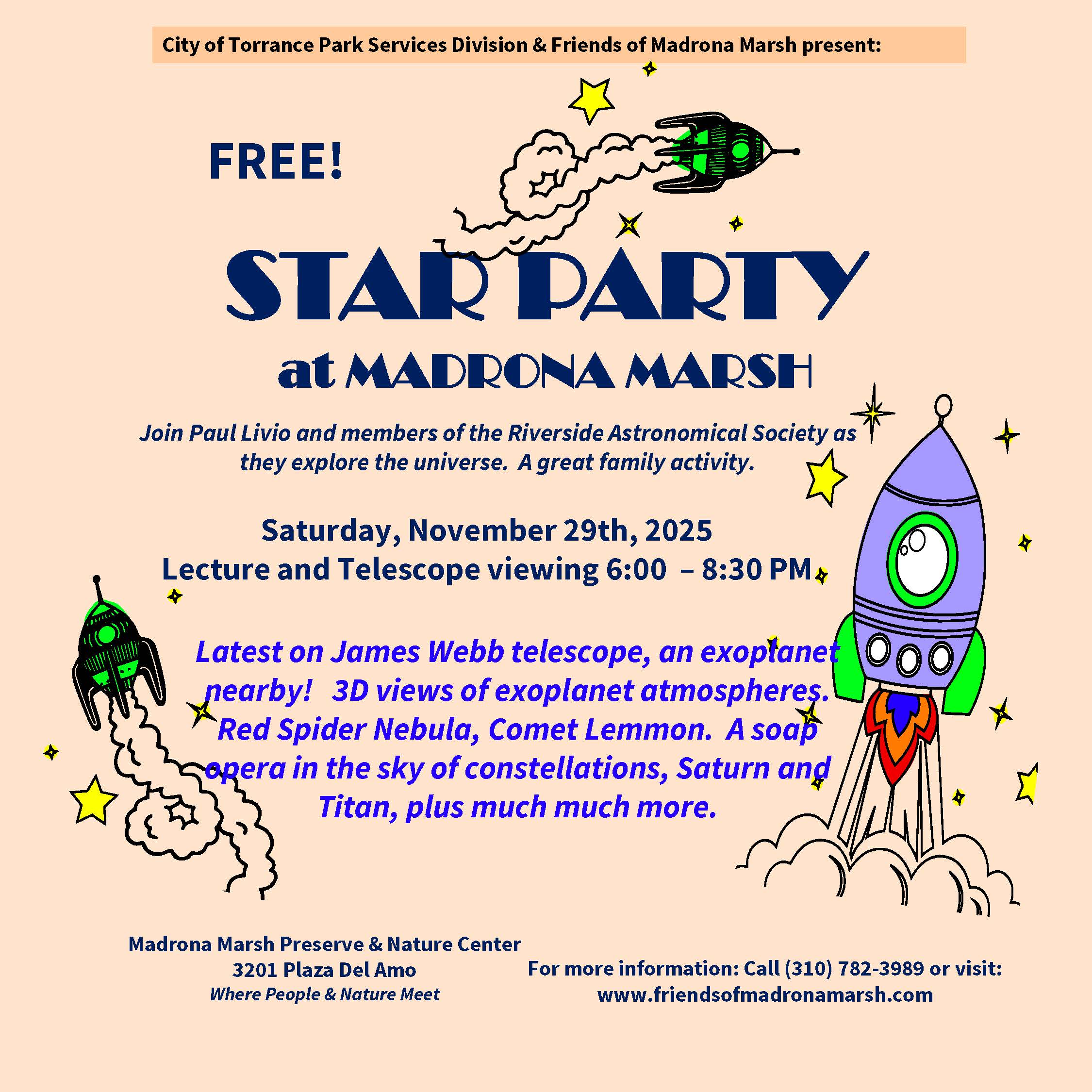 Star Party Saturday November 27, 2025 6:00PM - 8:30pm at Madrona March Nature Center