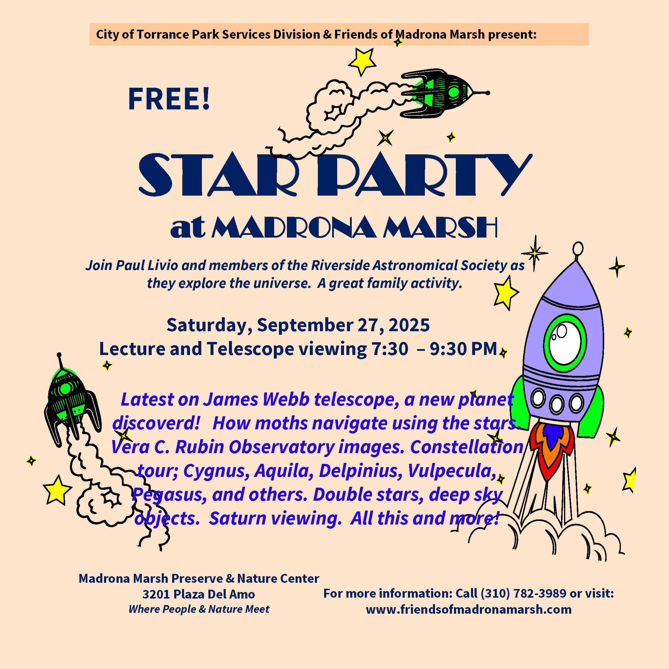 Star Party Saturday June 28, 2025 7:30PM - 10:00pm at Madrona March Nature Center