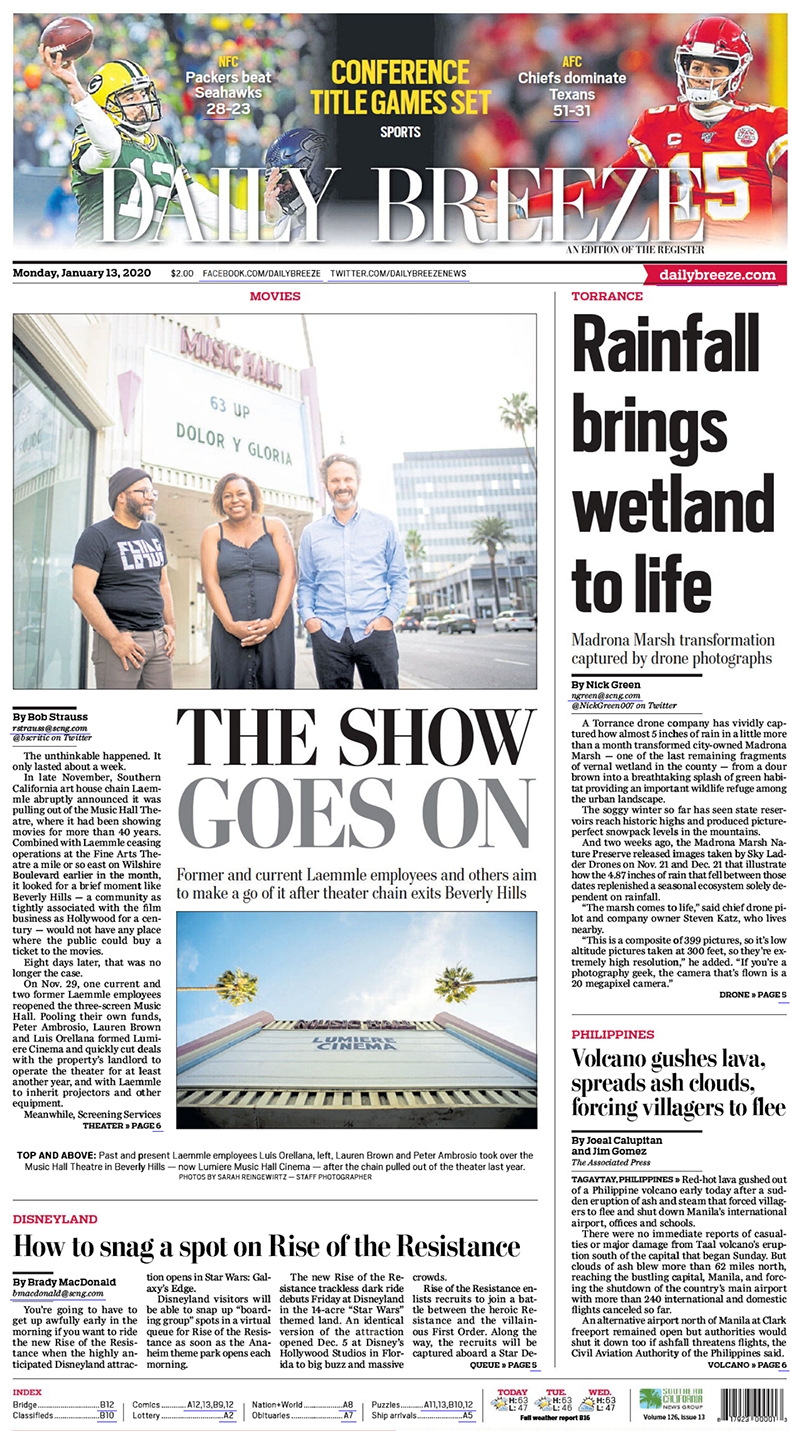 Effects of rainfall on Madrona Marsh featured on front page of January 13, 2020 Daily Breeze