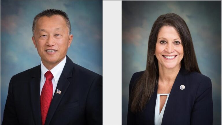 Pair of photos of mayoral candidates: Mayor George Chen and Councilmember Sharon Kalani