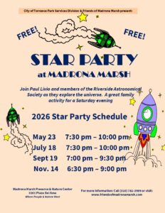 Star Party flyer listing events in May, July, Sept, and Nov