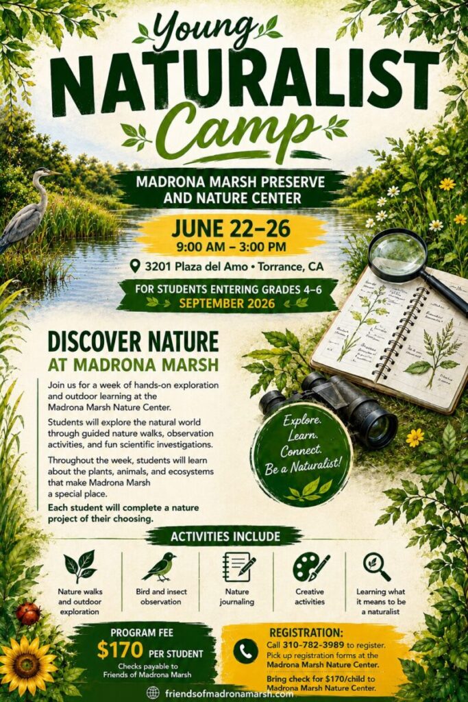 Flyer for Young Naturalist Camp, June 22-26, 2026, 9:00am-3:00 pm